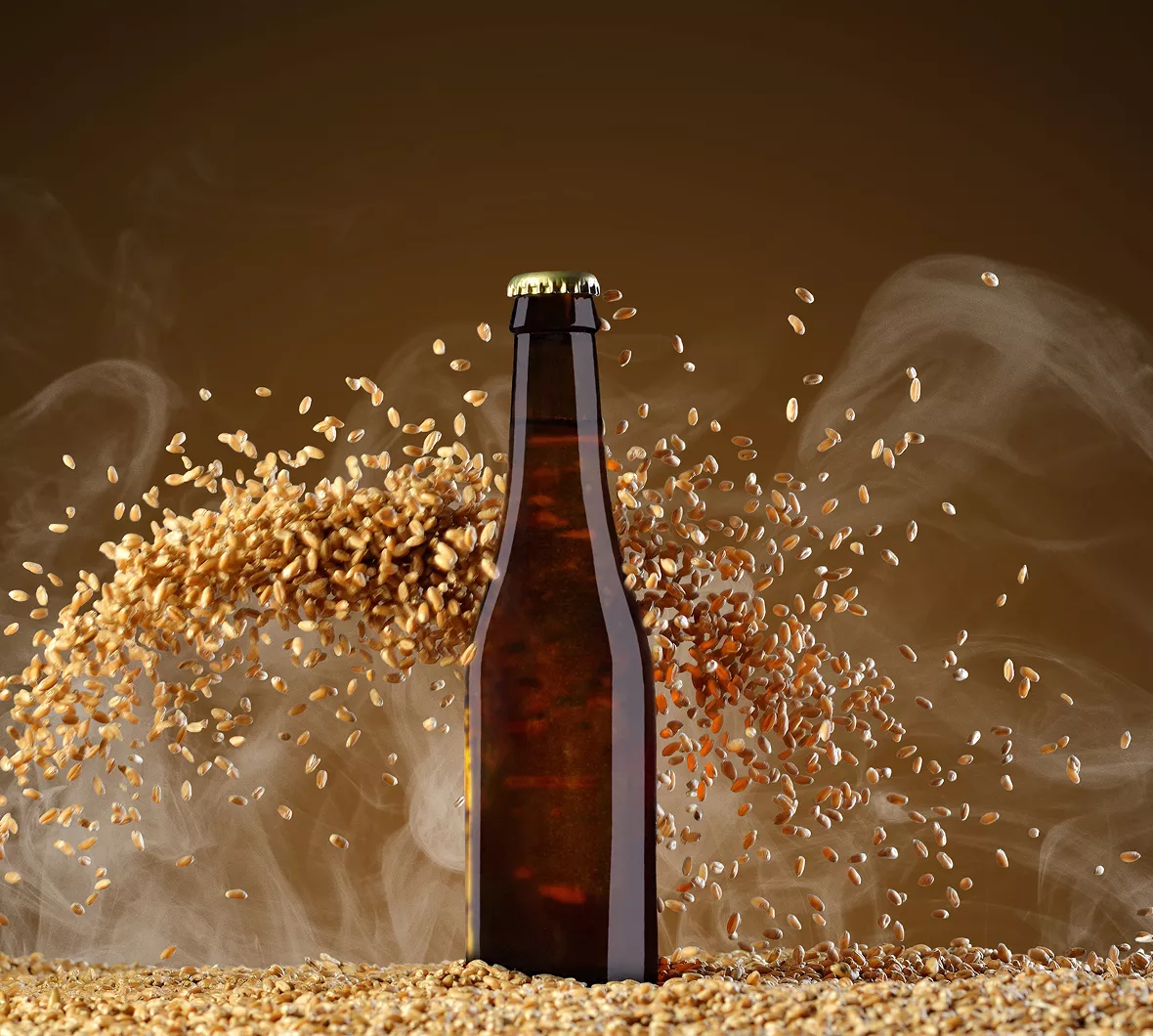 Bouteille de bière et grains